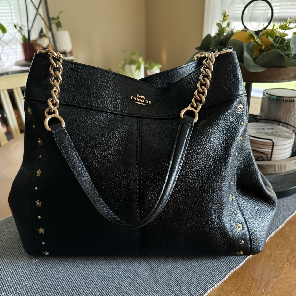 Coach Black Leather Lexy Chain With Floral Rivets Shoulder Bag Purse